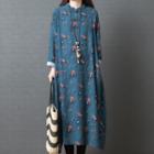 Long-sleeve Floral Frog-buttoned Midi A-line Dress