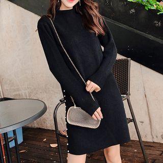 Faux Pearl Accent Long-sleeve Knit Dress