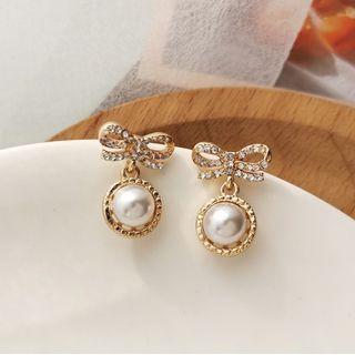 Bow Rhinestone Faux Pearl Drop Earring