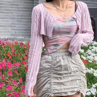 Set: Printed Crop Camisole Top + Long Sleeve Striped See-through Light Crop Cardigan