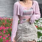 Set: Printed Crop Camisole Top + Long Sleeve Striped See-through Light Crop Cardigan