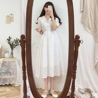 Puff-sleeve Collared A-line Chiffon Dress