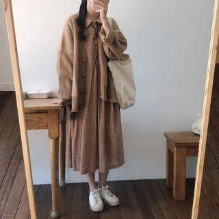 Long-sleeve Plaid Mid A-line Dress / Cardigan