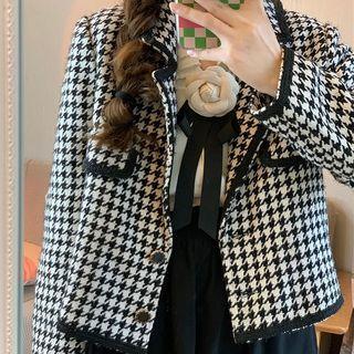 Houndstooth Single-breasted Jacket / Ribbon Blouse / Midi A-line Skirt