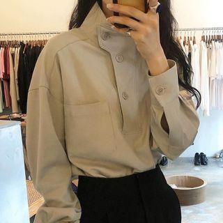 Long-sleeve Mock-neck Henley Blouse