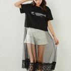 Plain Printed T-shirtpanel Mesh Skirt