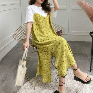 Mock Two-piece Short-sleeve Asymmetric Midi Dress