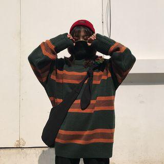 Panel Cuff Turtleneck Striped Sweater Green - One Size