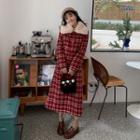 Long-sleeve Furry Neck Plaid Dress