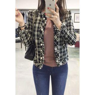Faux-pearl Button Check Jacket