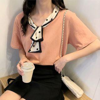 Dotted Tie-neck Short-sleeve T-shirt