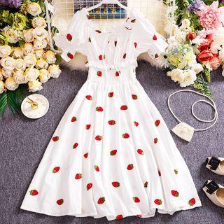 Fruit Embroidered Ruffle Trim Short-sleeve Midi A-line Dress
