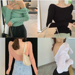 Plain Open Back Long-sleeve Slim-fit T-shirt