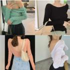 Plain Open Back Long-sleeve Slim-fit T-shirt