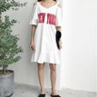 Elbow Sleeve Cutout Shoulder Lettering T-shirt Dress