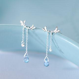 Butterfly Faux Crystal Sterling Silver Fringed Earring 1 Pair - Silver - One Size