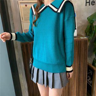 Contrast-trim Sweater / Pleated Mini Skirt
