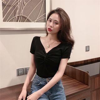 Twist-front Short-sleeve Rib-knit Top