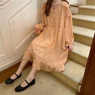 Floral V-neck Ruffled-trim Long-sleeve Dress As Shown In Figure - One Size