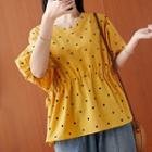 Elbow-sleeve Dotted V-neck Blouse Yellow - One Size
