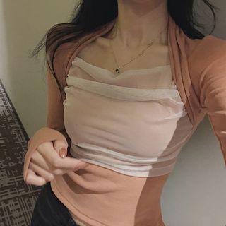 Sheer Panel Long-sleeve T-shirt As Shown In Figure - One Size