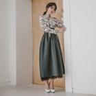 Set: Hanbok Top (floral / Ivory) + Skirt (maxi / Charcoal Gray)