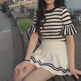 Short-sleeve Ruffle Cuff Striped Top