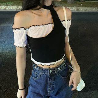 Choker-neck Mock Two-piece Cropped T-shirt Black & White - One Size