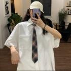 Plain Short-sleeve Shirt / Plaid Necktie / Set