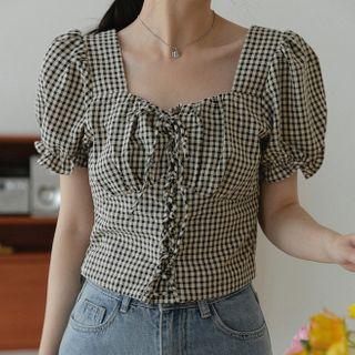 Gingham Short-sleeve Square Neck Shirt