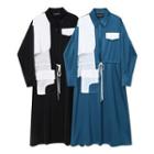 Two-tone Tie-waist Midi A-line Shirtdress