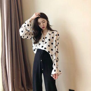 Bell-sleeve Polka Dot Blouse / High-waist Drawstring Plain Pants
