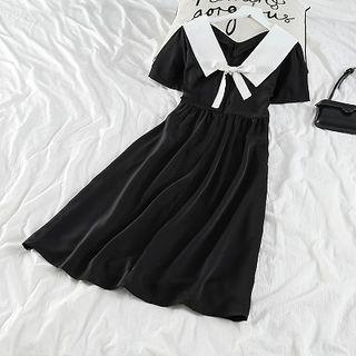 Tie Neck Short-sleeve A-line Dress As Shown In Figure - One Size