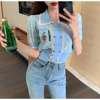 Short-sleeve Embroidered Knit Top Blue - One Size
