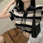 Elbow-sleeve Collar Striped T-shirt Black & White - One Size