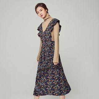 Frill-shoulder Patterned Long Pinafore Dress