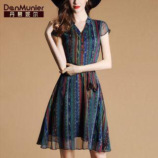 Short-sleeve Floral Print Chiffon A-line V-neck Sheath Dress