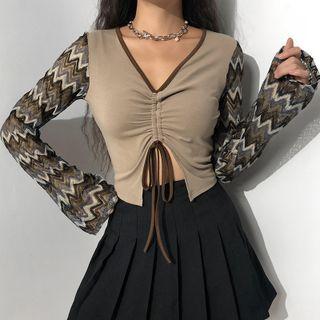 V-neck Long Sleeve Contrast Trim Drawstring Top