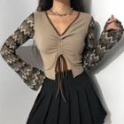 V-neck Long Sleeve Contrast Trim Drawstring Top