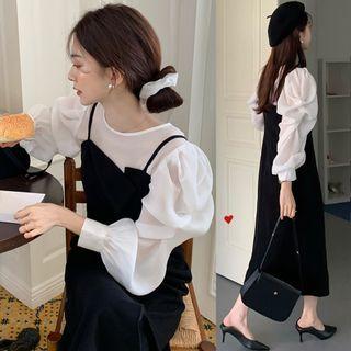 Puff-sleeve Blouse / Spaghetti Strap Dress / Hair Tie / Set