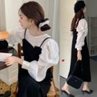 Puff-sleeve Blouse / Spaghetti Strap Dress / Hair Tie / Set