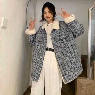Fluffy-lined Houndstooth Button Jacket