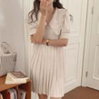 Short-sleeve Ruffle-trim Collared Pleated Dress