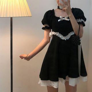 Balloon-sleeve Ruffled A-line Layered Dress