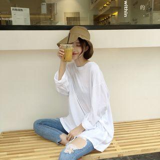 Plain Round-neck Long-sleeve Loose-fit Top