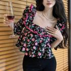 Flared-sleeve Floral Blouse Blouse - Black & Pink - One Size