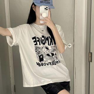 Short Sleeve Cartoon Printed T-shirt White - One Size