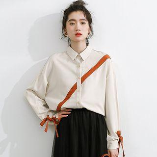 Long-sleeve Bow-detailed Shirt Almond - One Size