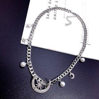 Rhinestone Moon Necklace Silver - One Size