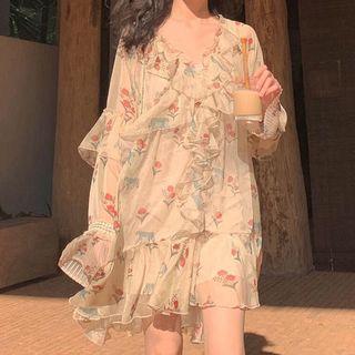 Ruffle Trim Flower Print Long-sleeve Dress